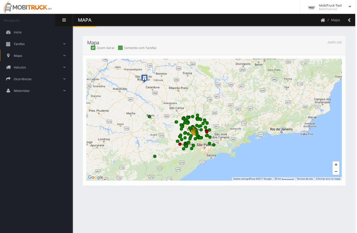 Mapa com todas as tarefas em tempo real no MobiTruck